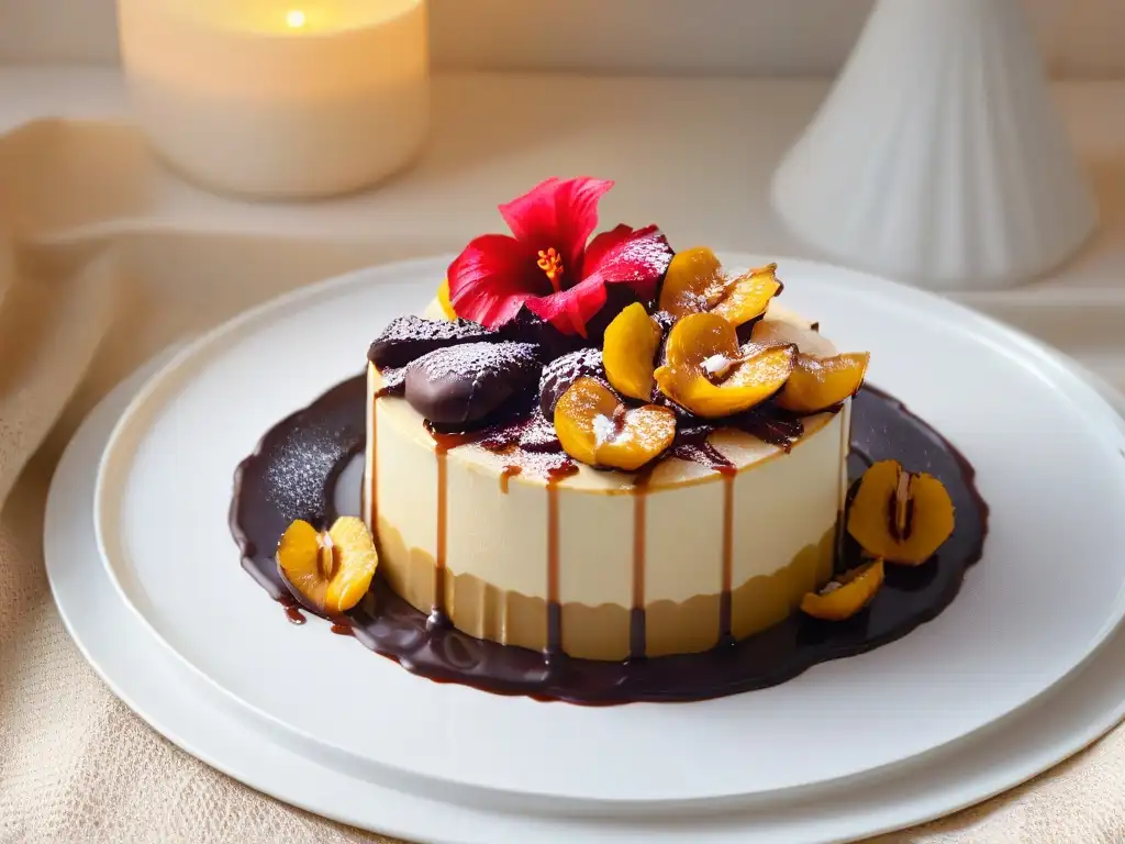Delicioso postre Kanyah con caramelo, cacahuetes, plátano y chocolate, decorado con hoja de oro y flor de hibisco rojo