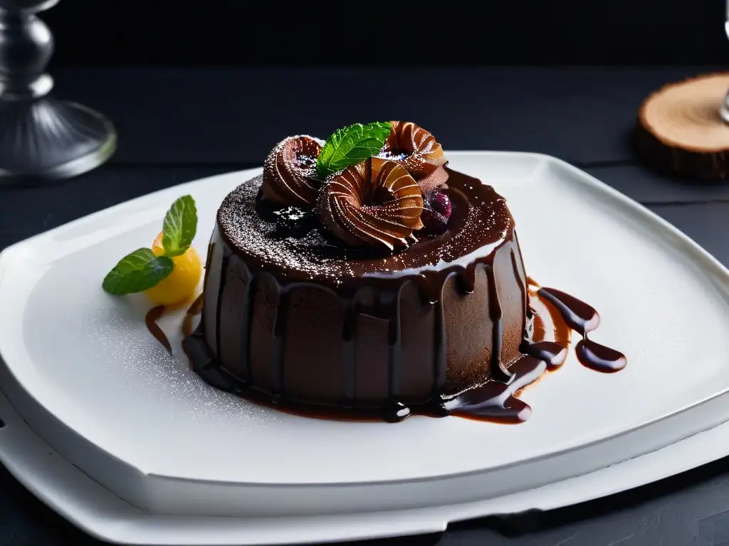 Delicioso postre de lava de chocolate con vinagre balsámico en un elegante plato blanco