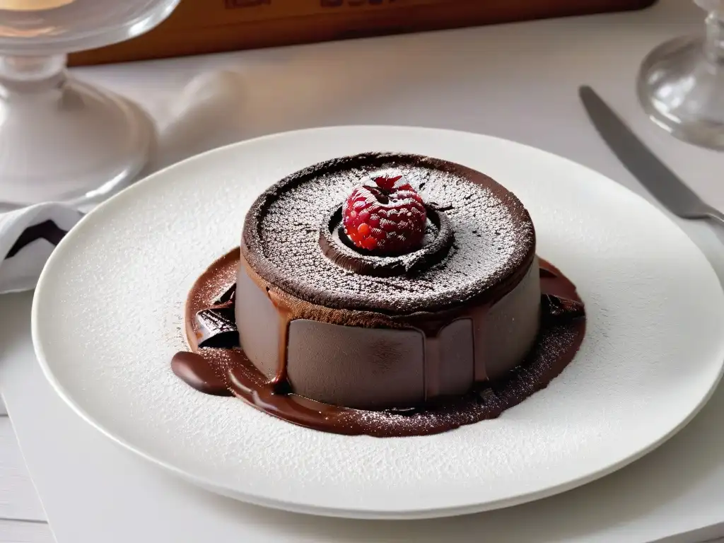 Delicioso postre de lava de chocolate belga con frambuesa y cacao en un elegante plato blanco