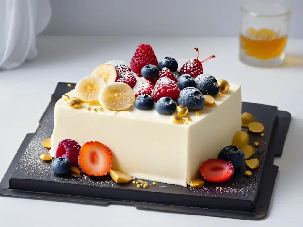 Un delicioso postre tres leches con un toque moderno, delicada decoración de hoja de oro comestible y frutas frescas