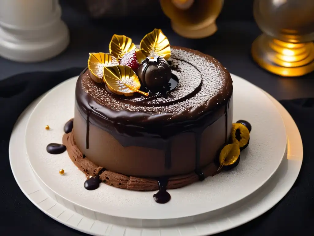 Delicioso postre de lujo para cenas: exquisito lava cake de chocolate con hoja dorada en elegante presentación