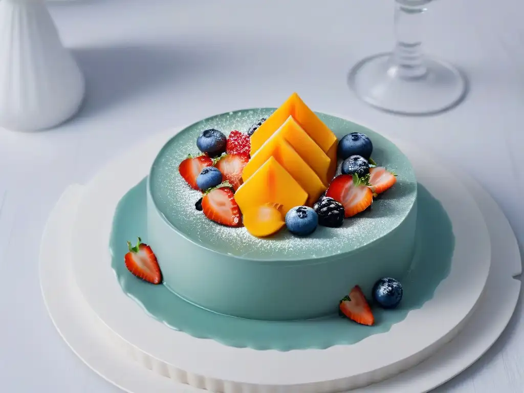 Delicioso postre moderno con diseño de colores vibrantes y texturas variadas en un plato minimalista