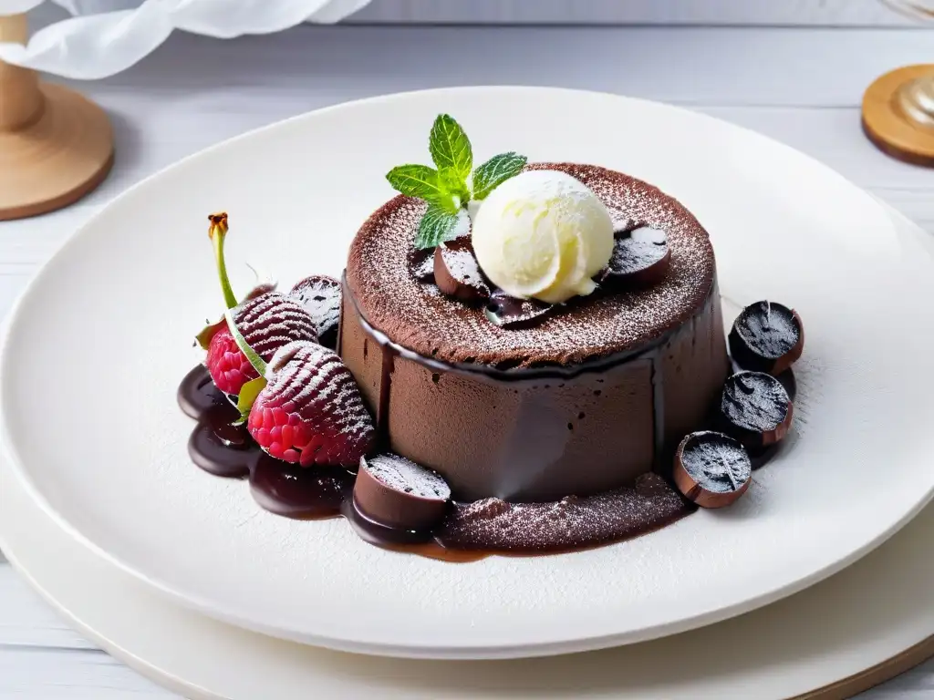 Delicioso postre multisensorial sin gluten: pastel de lava de chocolate, helado de vainilla, frambuesas y hojas de menta en plato blanco moderno