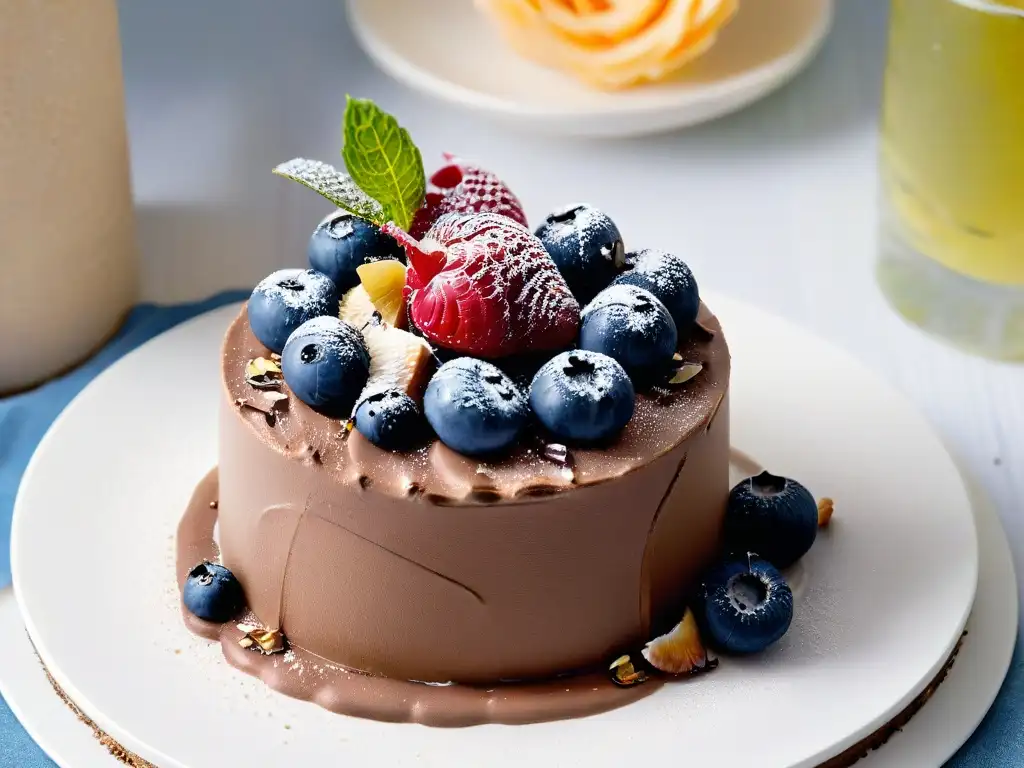 Delicioso postre proteico con mousse de chocolate, frutos rojos y nueces