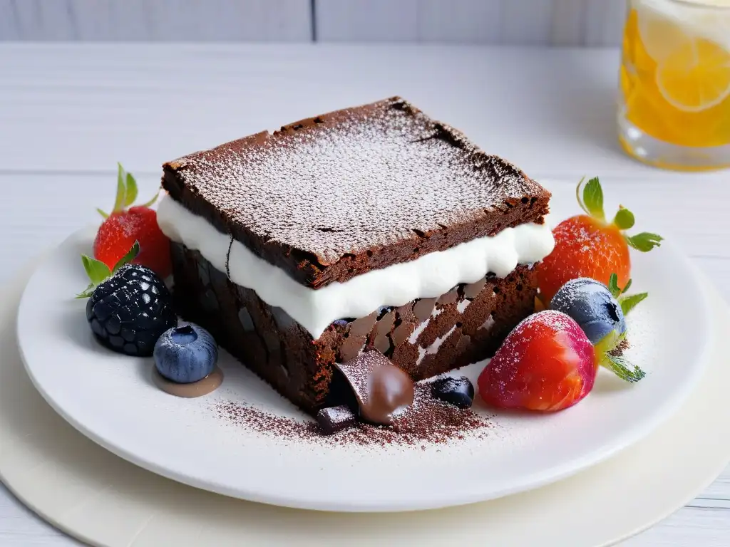 Delicioso postre proteico saludable: brownie de chocolate con yogurt griego, bayas frescas y semillas de chía en elegante plato blanco