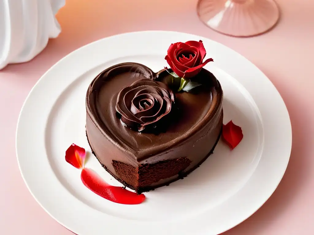 Delicioso postre romántico de San Valentín: pastel de lava de chocolate en forma de corazón con pétalo de rosa roja, en elegante presentación blanca