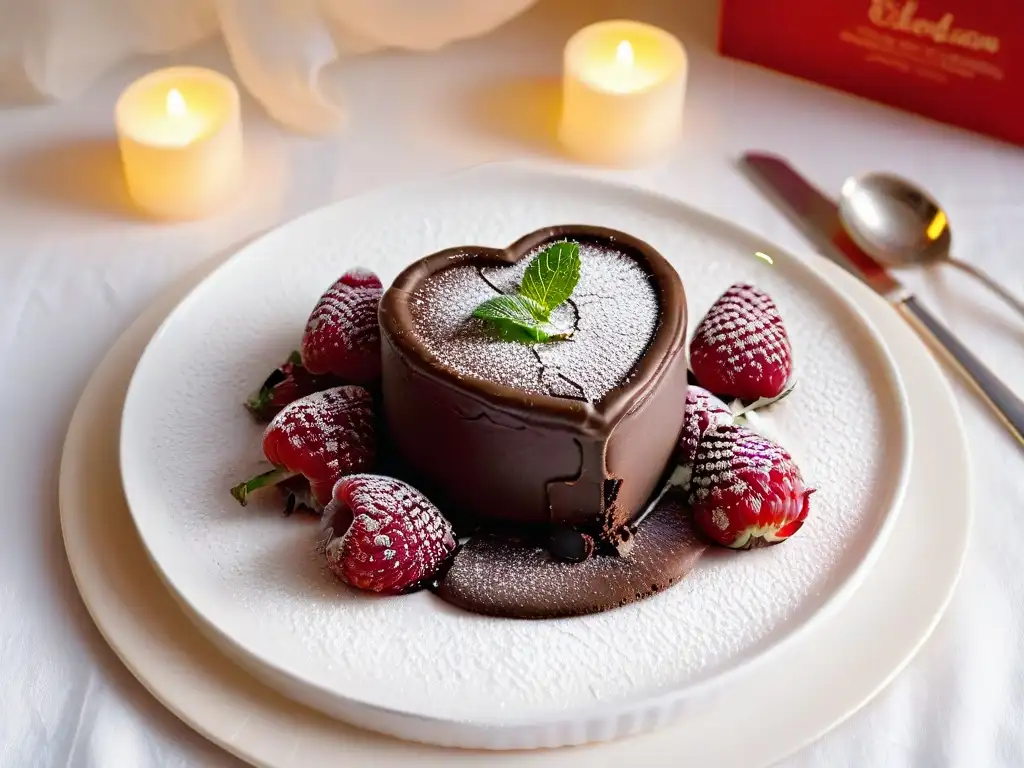 Delicioso postre romántico: pastel de lava de chocolate en forma de corazón con frambuesas y hoja de menta en plato blanco