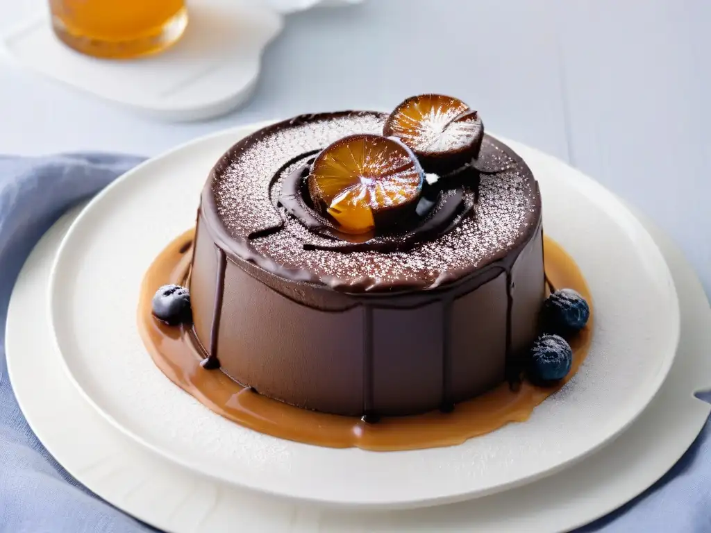 Delicioso postre con sabor umami: un exquisito pastel de lava de chocolate con salsa de caramelo y toque de sal marina