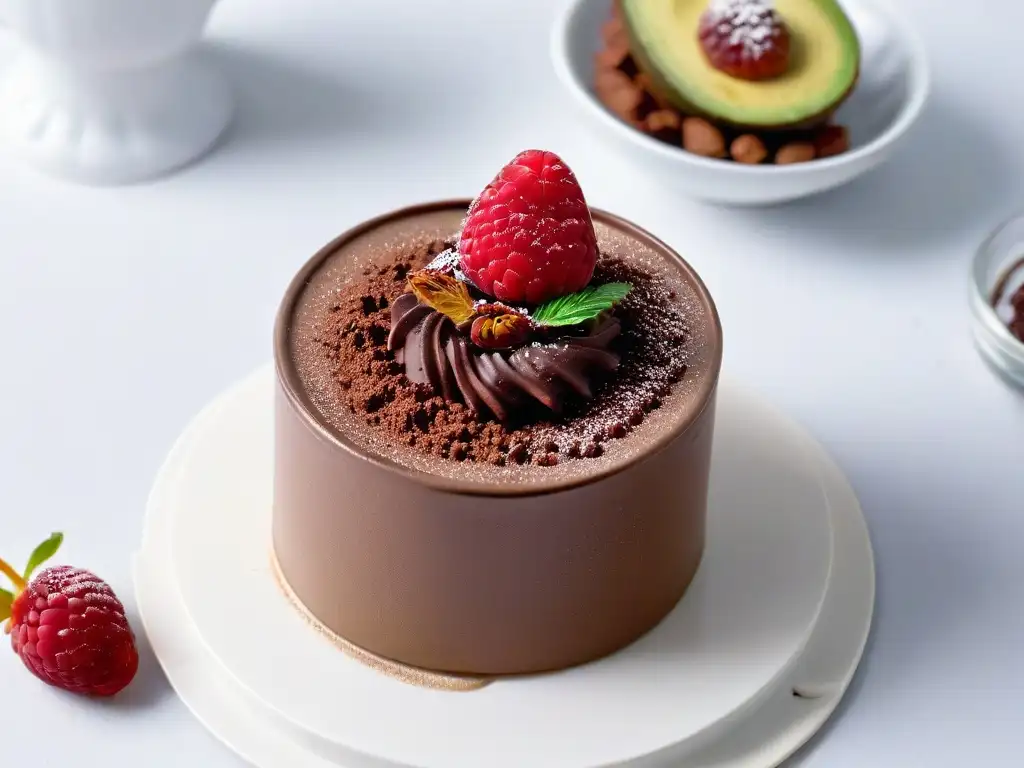 Delicioso postre sin azúcar saludable: mousse de chocolate y aguacate con frambuesa y cacao en copa moderna