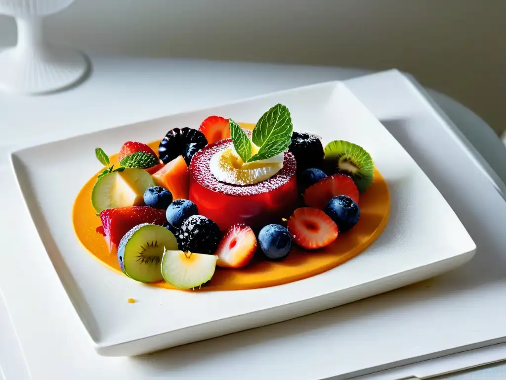 Delicioso postre sostenible con ingredientes reciclados, decorado con frutas frescas y hierbas, en plato moderno