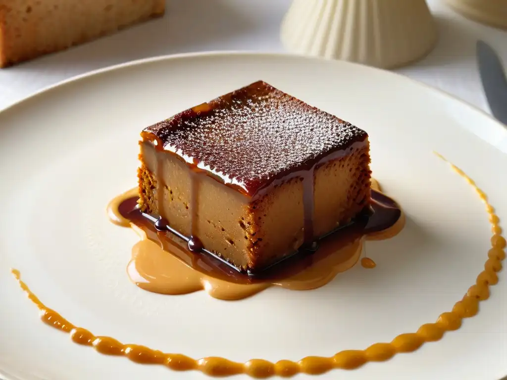 Delicioso postre sudafricano: rebanada de Malva Pudding con salsa caramelo, en plato blanco