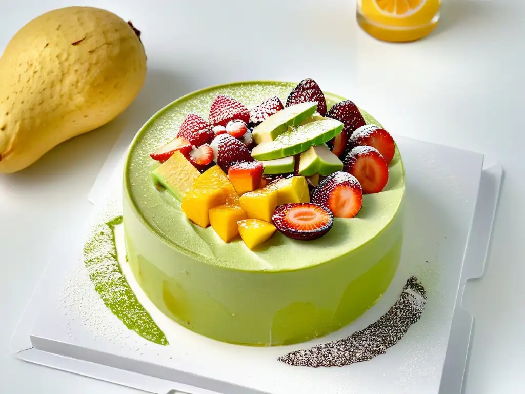 Delicioso postre Es Teler con capas de aguacate, coco, y frutas tropicales, cubierto de leche condensada y hielo triturado