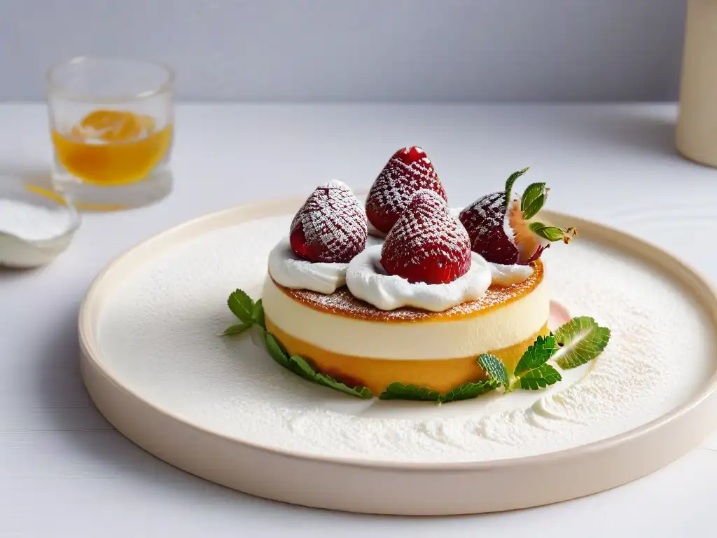 Delicioso postre tradicional de Europa del Este: Papanasi con queso, crema, frutas rojas y menta en plato blanco moderno