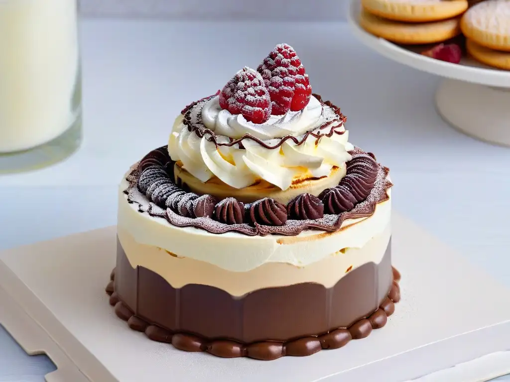 Delicioso postre en vaso de cristal: capas coloridas y decadentes Delicioso postre en vasito con capas de crema, chocolate, mousse de frambuesa y galletas