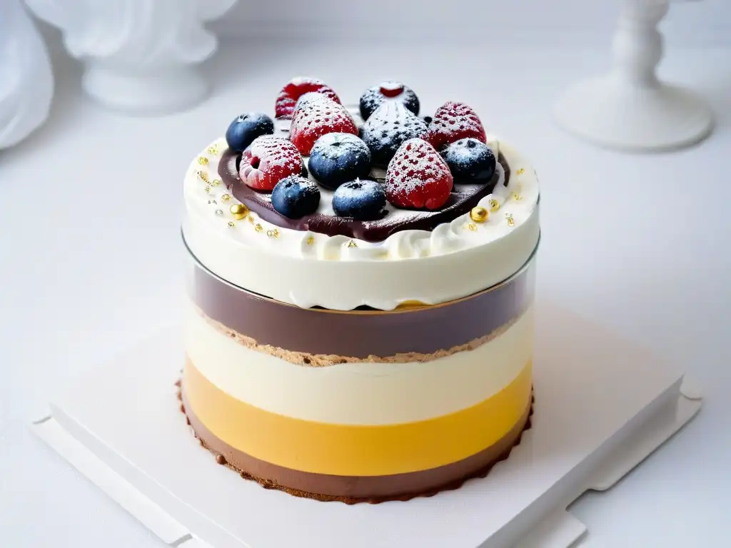 Exquisito postre en capas: mousse, ganache y frutas Delicioso postre en vasito con capas de mousse, ganache de chocolate, crema batida, frutas frescas y oro comestible