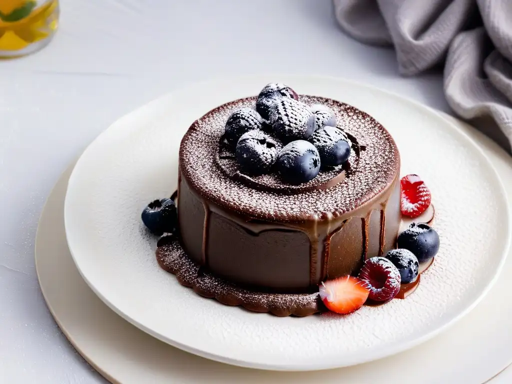 Delicioso postre vegano de alta gama: pastel de chocolate lava con frutos rojos y azúcar glas, sobre fondo blanco elegante