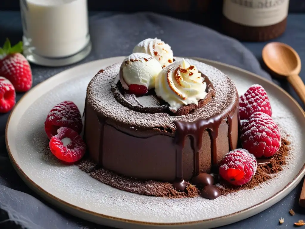 Delicioso postre vegano invernal: pastel de lava de chocolate con helado de vainilla sin lácteos y frambuesas frescas