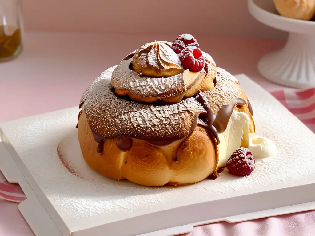 Delicioso profiterol dorado con crema y frambuesa, ideal para receta profiteroles saludables fáciles