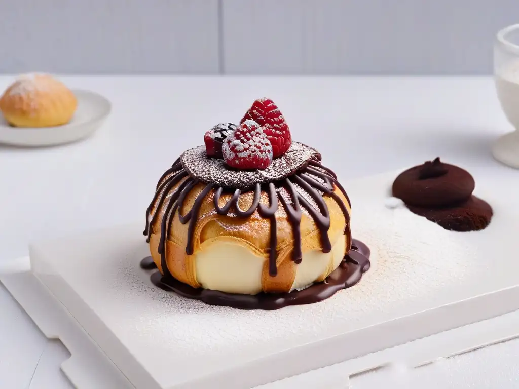 Delicioso profiterol dorado con ganache de chocolate, frambuesa fresca y azúcar glass