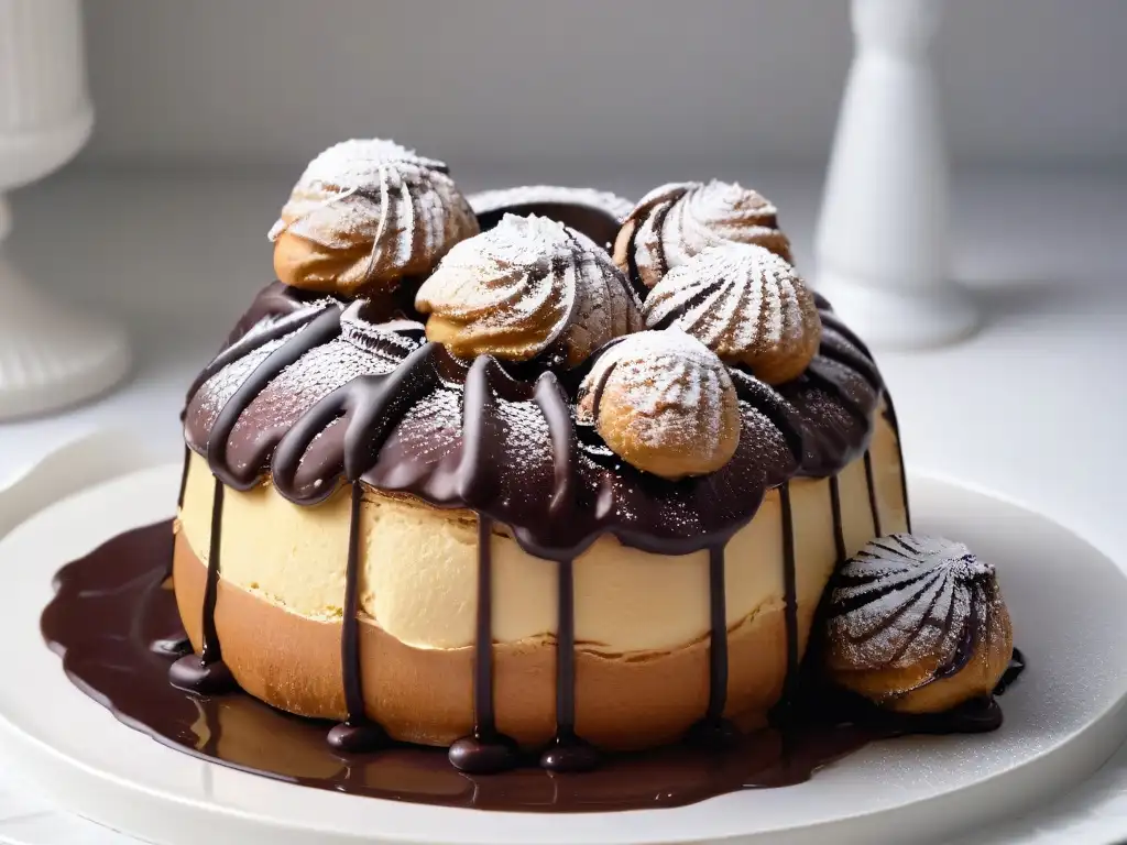 Delicioso profiterol dorado con ganache de chocolate, en plato blanco