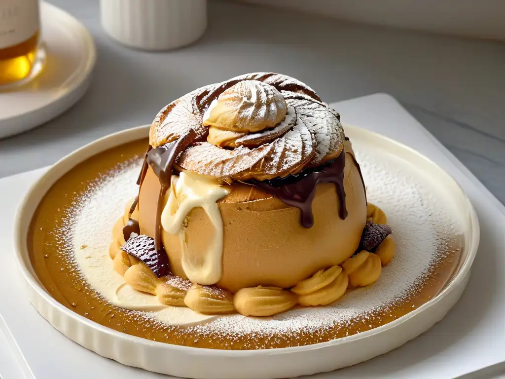 Delicioso profiterol dorado, relleno de crema ligera y espolvoreado con azúcar glass, en plato moderno