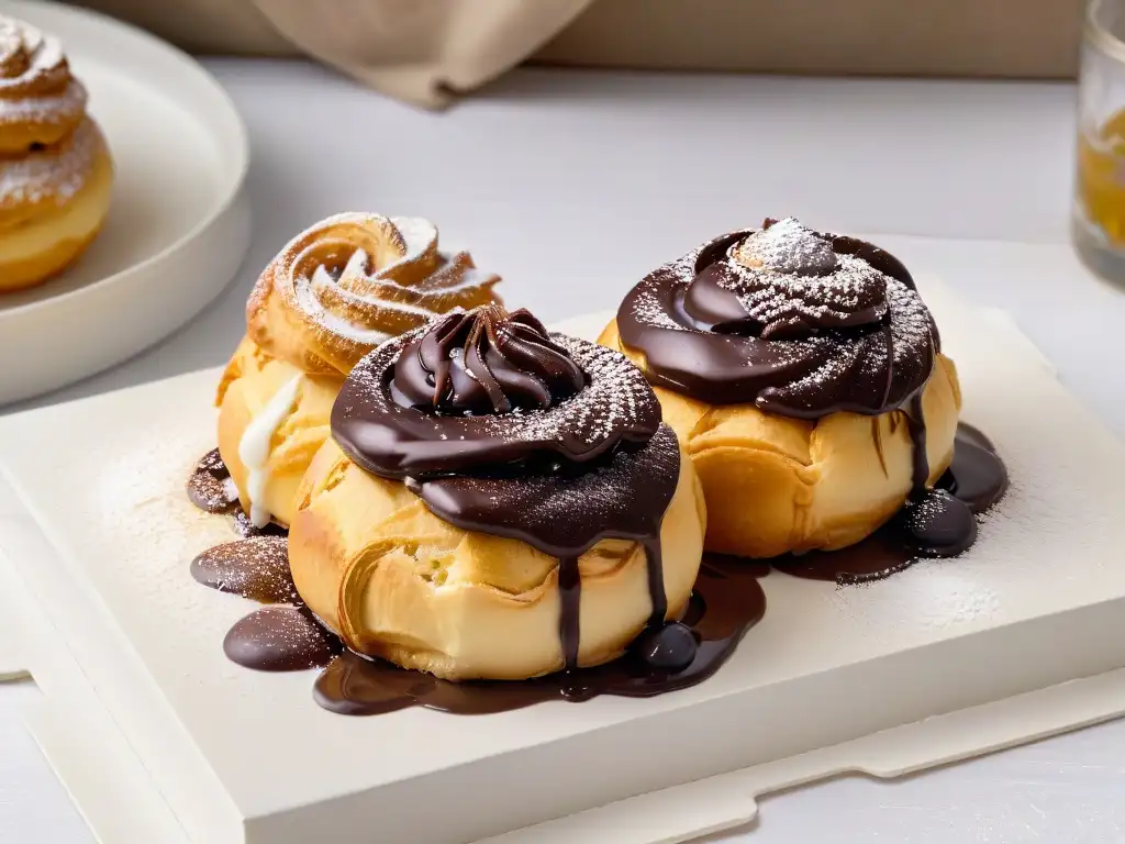 Delicioso profiterol dorado relleno de crema, bañado en chocolate