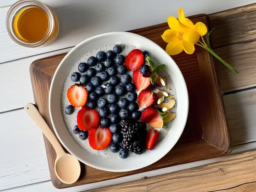 Delicioso pudding de chía con frutas y almendras en plato blanco sobre mesa rústica