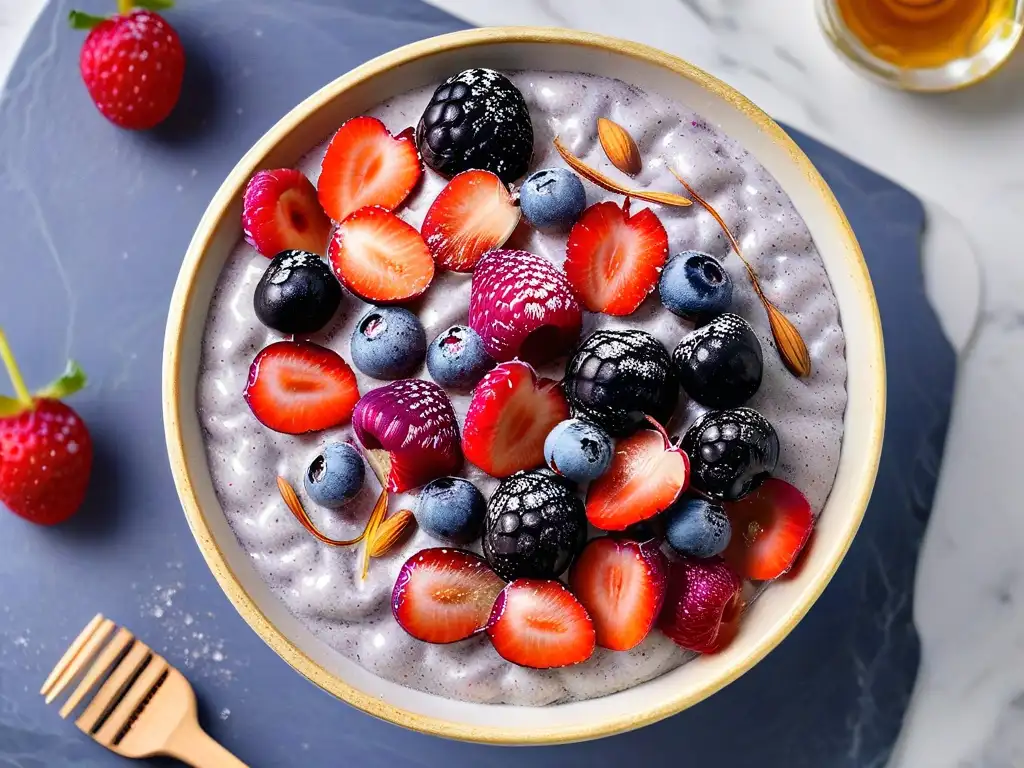 Un delicioso pudding de chía con frutos rojos y almendras, perfecto para recetas fit saludables