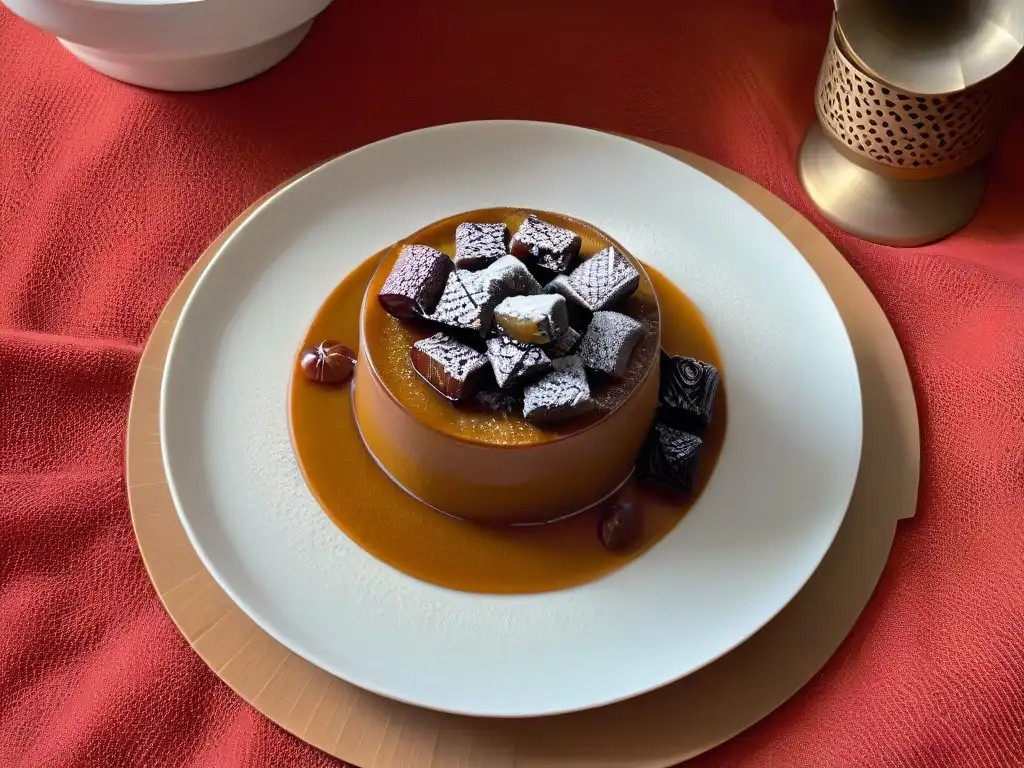 Delicioso Pudín de Dátiles del Sahel con canela espolvoreada, sobre plato blanco moderno