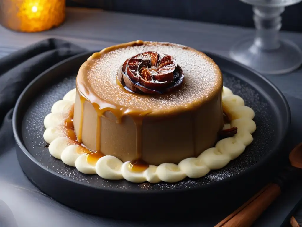 Delicioso Pudín de Dátiles del Sahel con canela y miel dorada en elegante plato negro