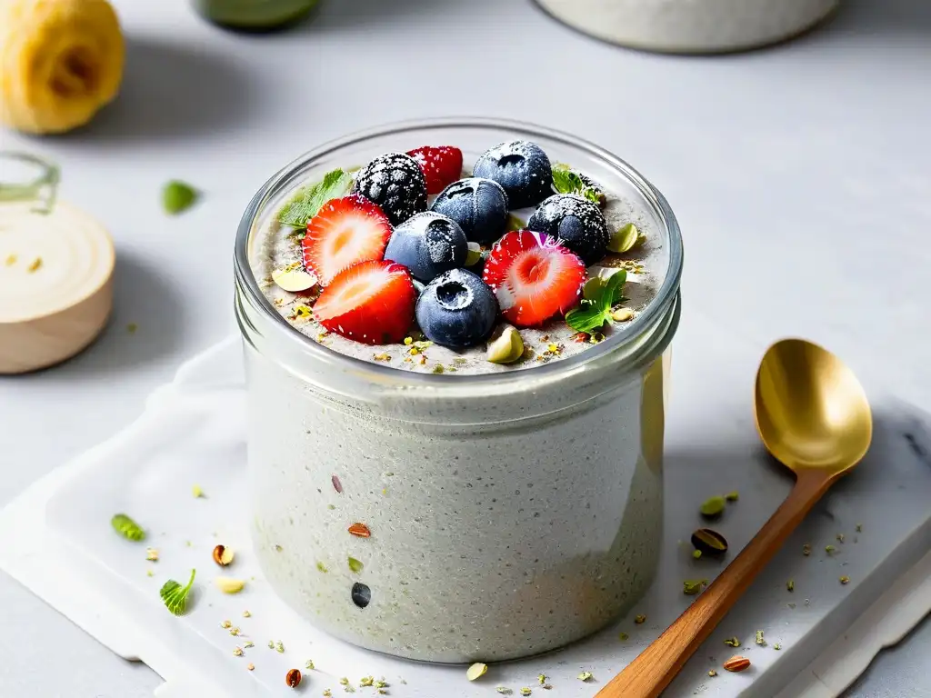 Delicioso pudín de chía con bayas y pistachos, en elegante tarro de vidrio