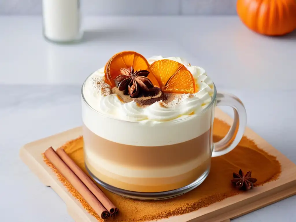 Un delicioso Pumpkin Spice Latte casero en vaso de cristal sobre encimera de mármol, decorado con canela, naranja y especias