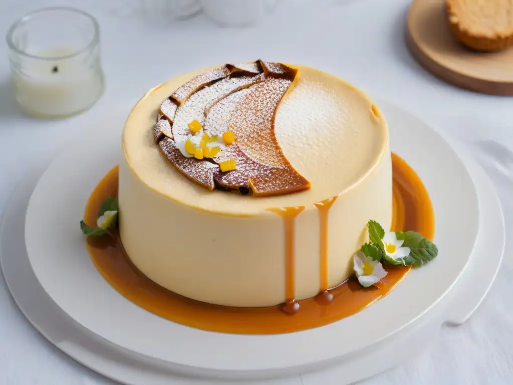 Delicioso quesillo venezolano con caramelo y vainilla, presentado de forma elegante en un plato blanco con detalles florales