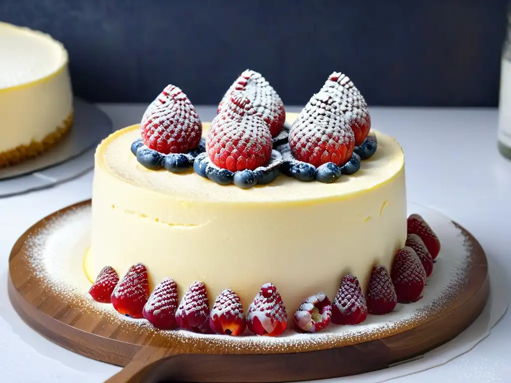 Delicioso cheesecake keto de queso con frambuesas frescas y un toque de eritritol