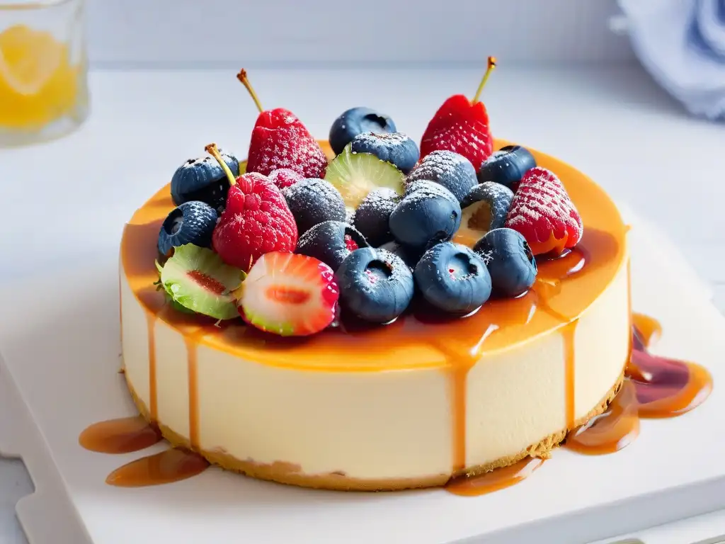 Delicioso cheesecake keto de queso con bayas frescas y caramelo sin azúcar en elegante tabla de mármol