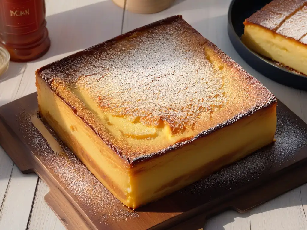 Delicioso cassava cake recién horneado en una mesa rústica, resaltando sus sabores únicos