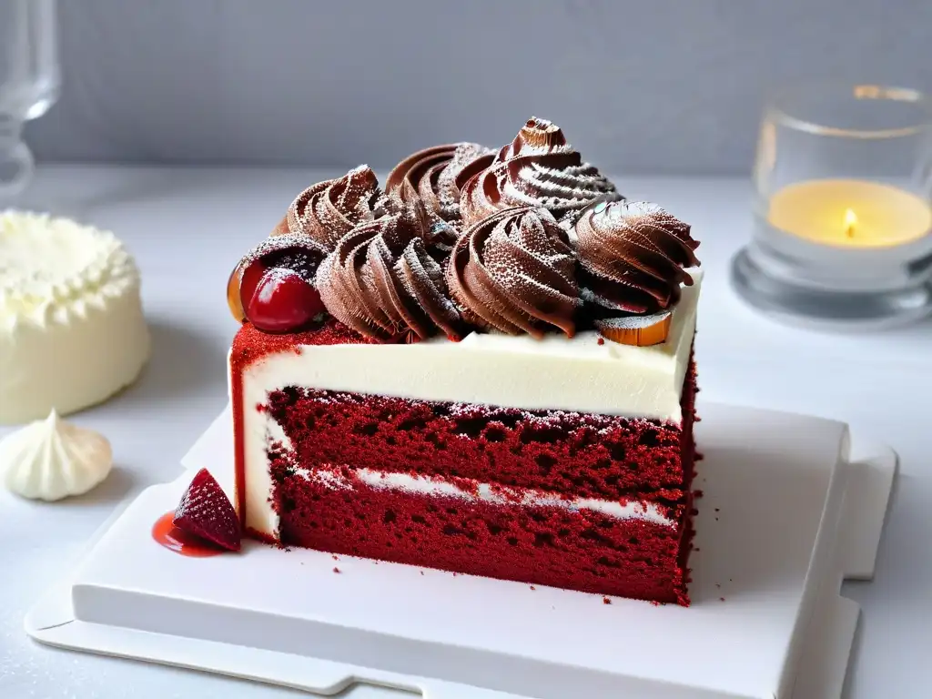 Delicioso Red Velvet Cake con crema de queso en plato de mármol blanco, exudando sofisticación