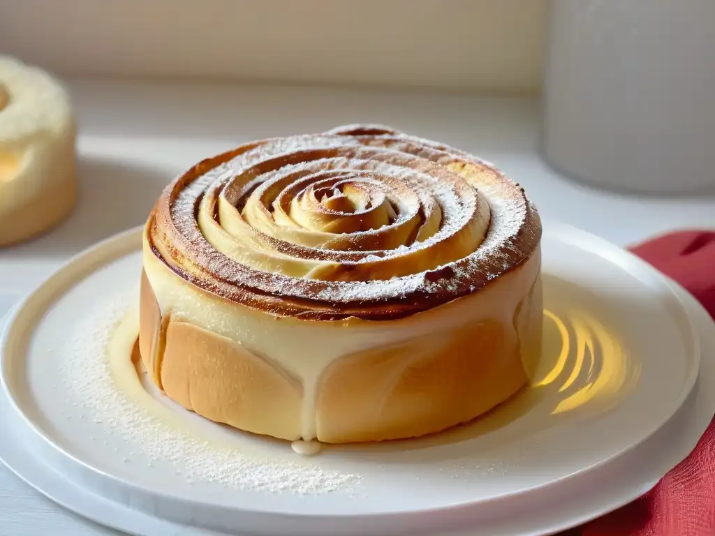 Delicioso rollito de canela recién horneado, con una corteza dorada y azúcar glas