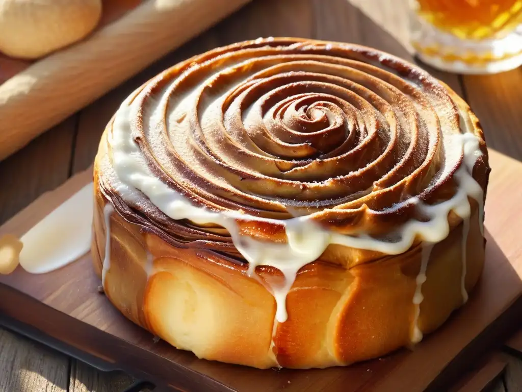 Delicioso rollito de canela recién horneado en mesa rústica con luz de verano, ideal desayuno