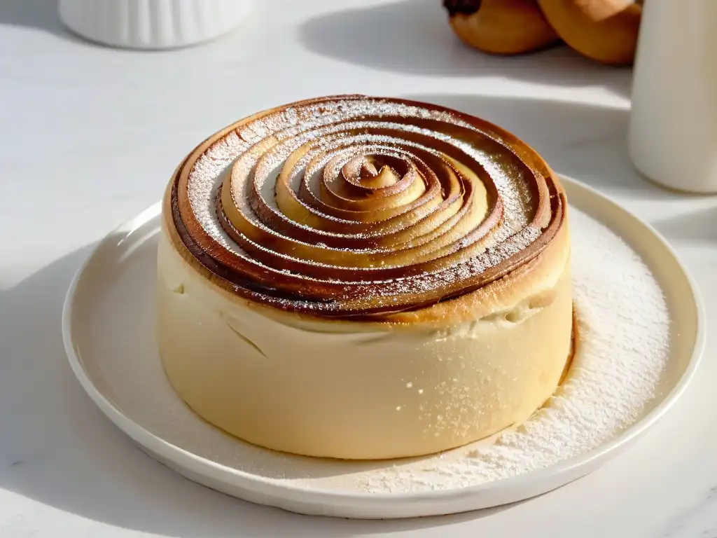 Delicioso rollito de canela recién horneado en plato blanco sobre mármol, bañado en azúcar glas