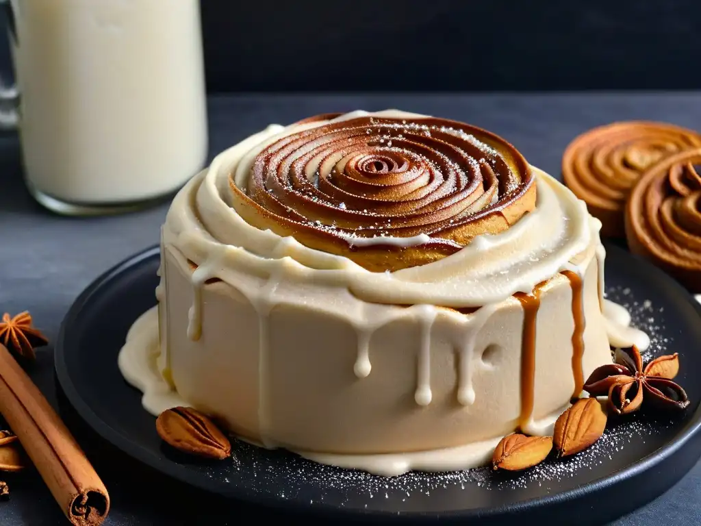 Delicioso rollo de canela vegano keto con frosting cremoso Delicioso rollo de canela vegano keto con glaseado de anacardo en plato negro