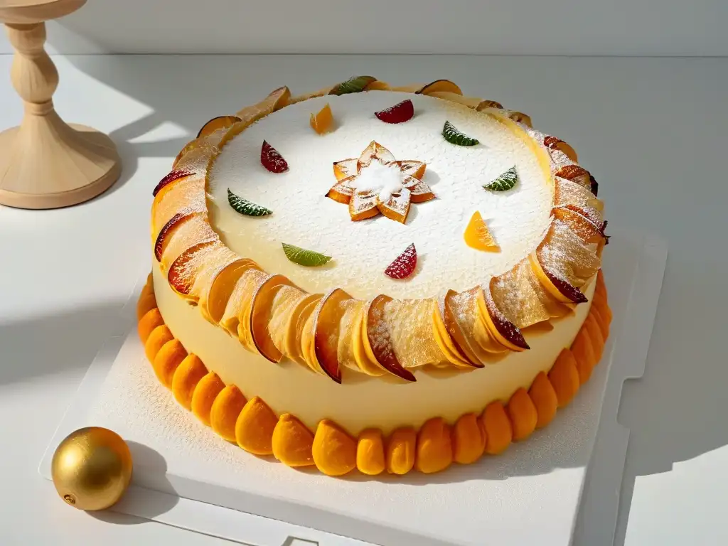 Delicioso Roscón de Reyes recién horneado con frutas confitadas y azúcar, en un fondo blanco invernal