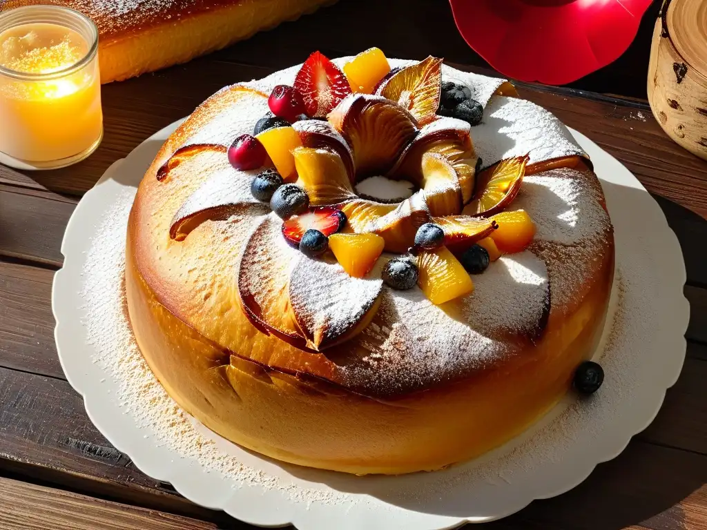 Delicioso Roscón de Reyes recién horneado con frutas escarchadas, azúcar glas y luz suave, significado Roscón Reyes cultura española