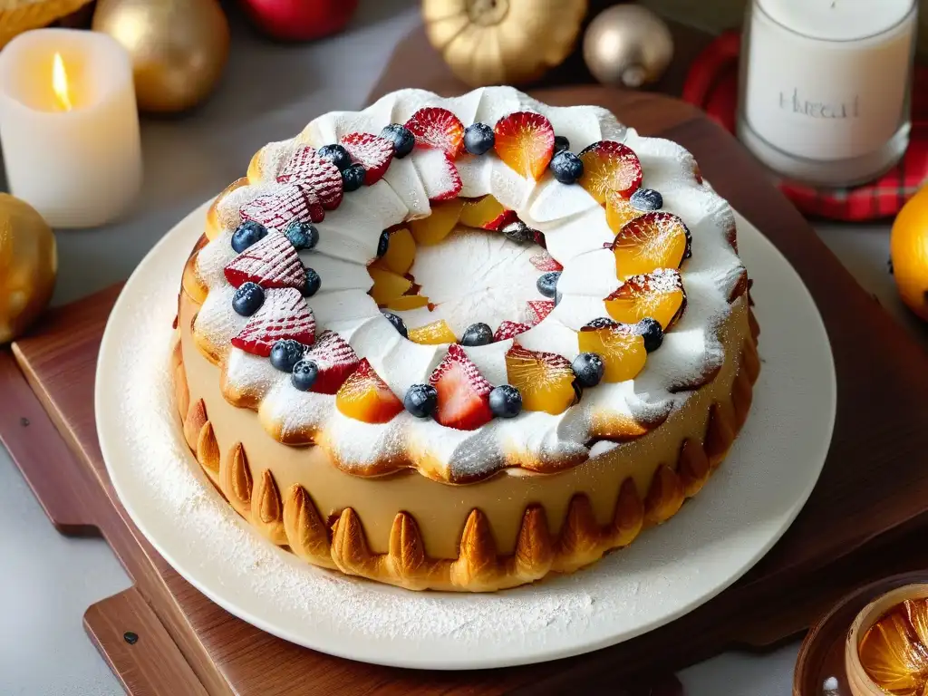 Delicioso Roscón de Reyes decorado con frutas confitadas sobre fondo blanco, perfecto para invierno