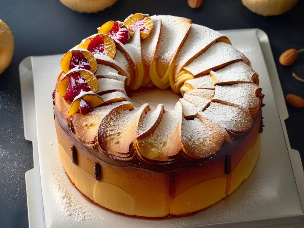 Delicioso Roscón de Reyes dorado con frutas y almendras, listo para preparar en casa