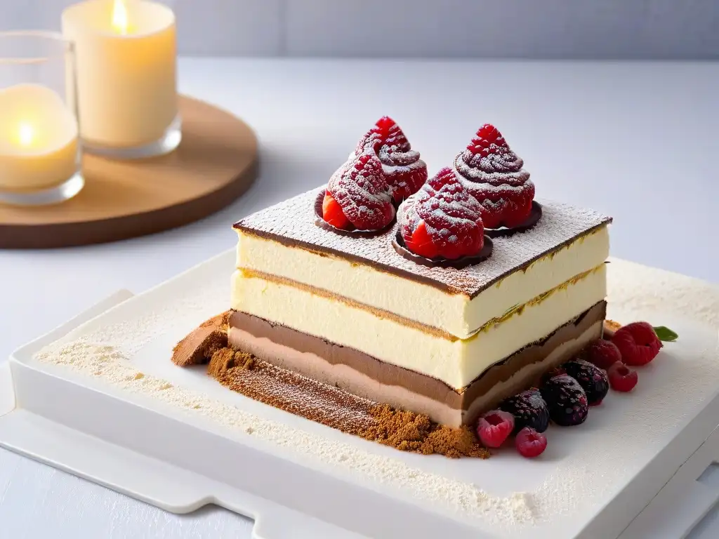 Un delicioso Tiramisú saludable fácil, con capas de mascarpone y bizcochos de café, decorado con cacao y frambuesa roja