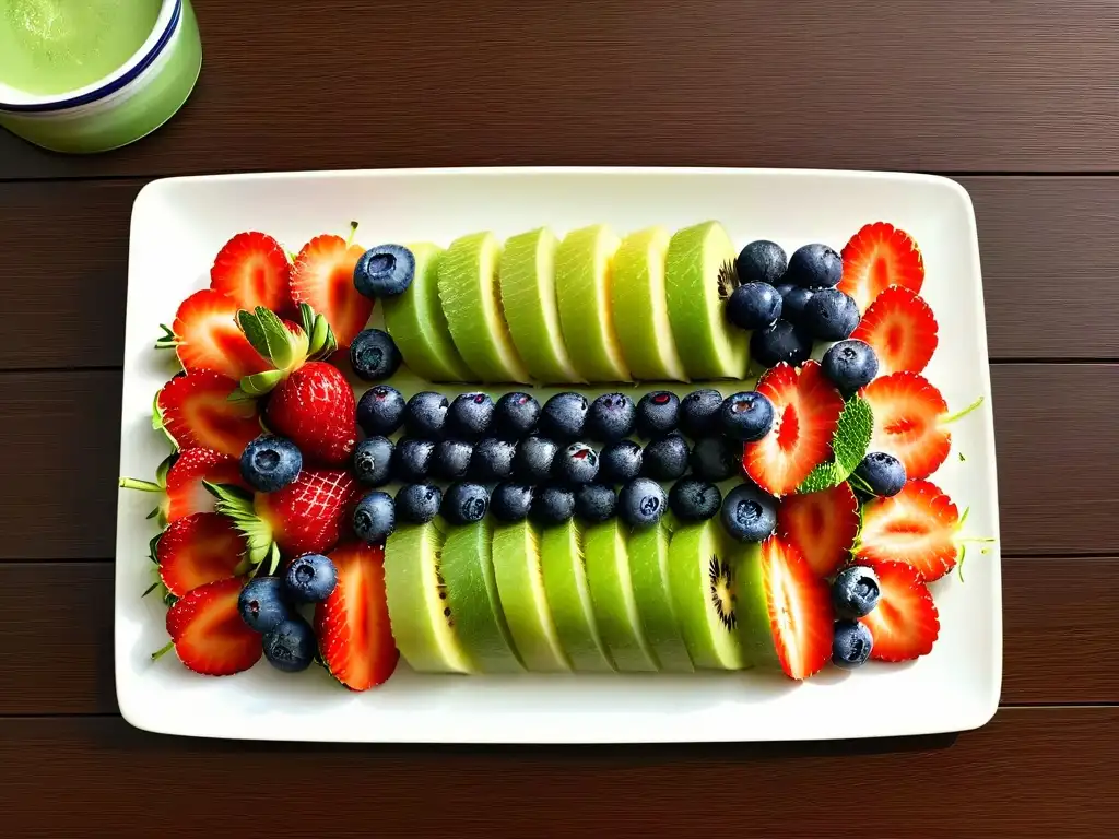 Un delicioso y saludable plato de frutas frescas: fresas, kiwi, arándanos y piña en una presentación artística con hojas de menta