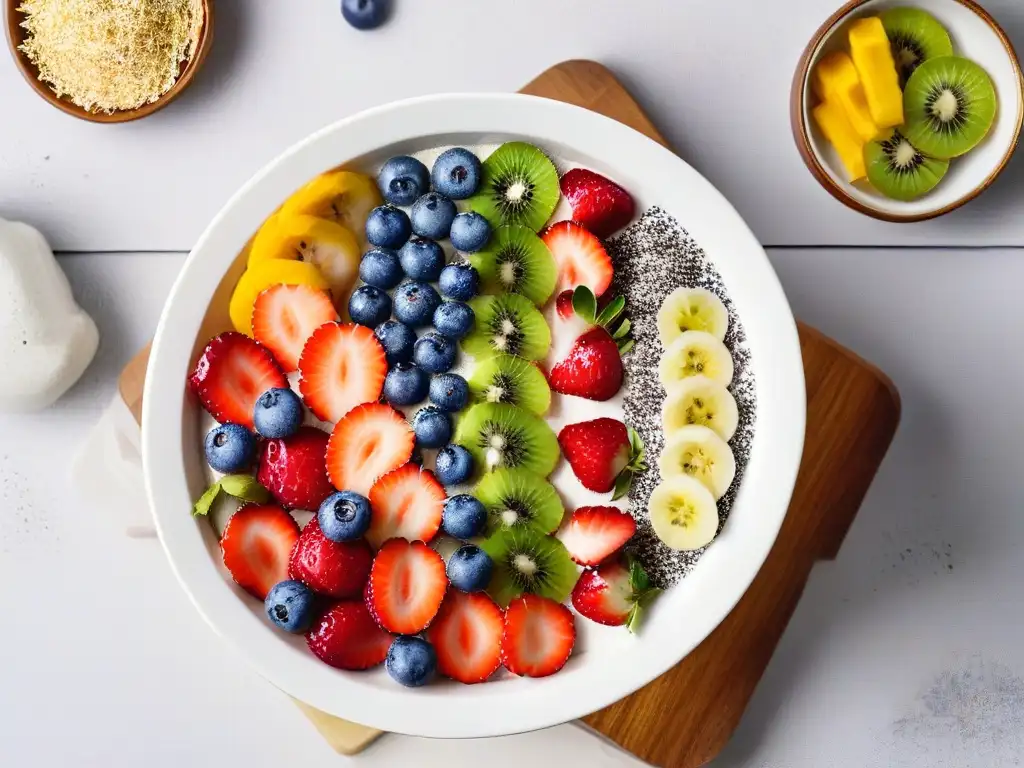 Un delicioso smoothie bowl decorado con frutas frescas y coloridas, chía, coco y flores comestibles