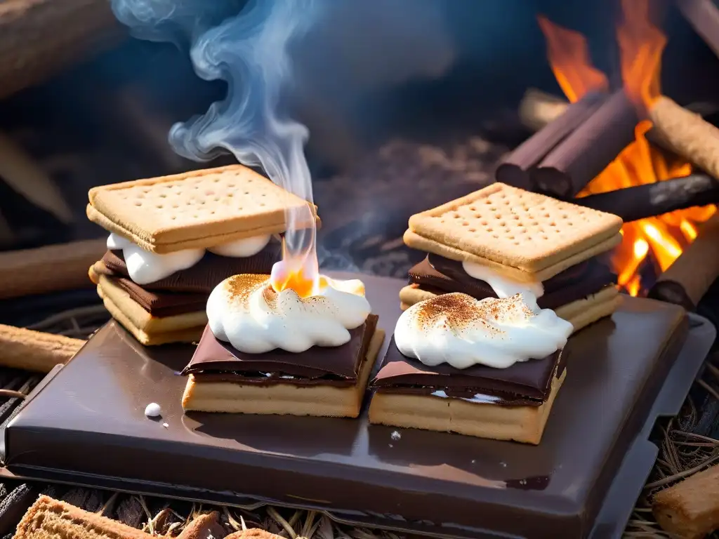 Delicioso s'more casero con malvavisco dorado, chocolate derretido y galletas Graham, en un ambiente acogedor de fogata