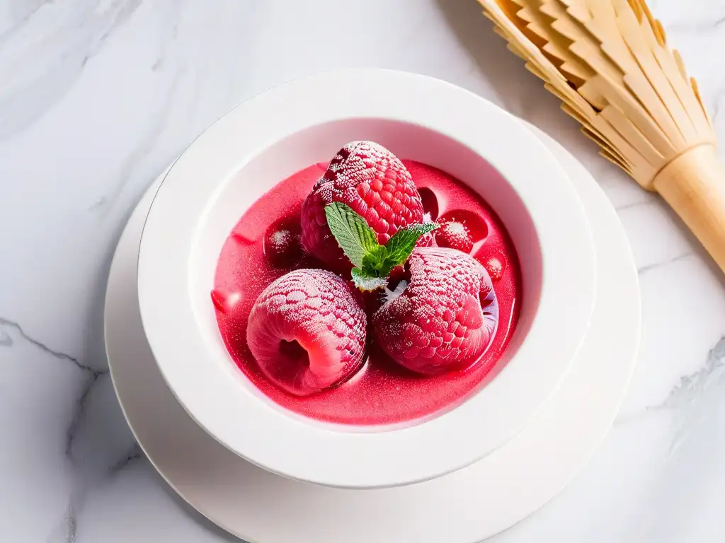 Delicioso sorbete de frambuesa con hojas de menta fresca sobre mármol blanco